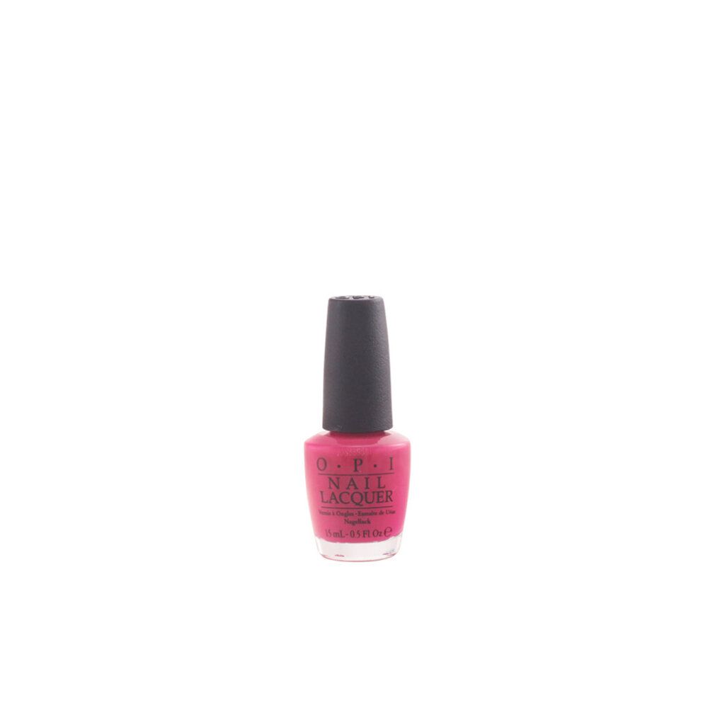Nagellackflasche mit rosa Inhalt und schwarzem Deckel. OPI Nail Lacquer ist auf dem Etikett zu sehen.