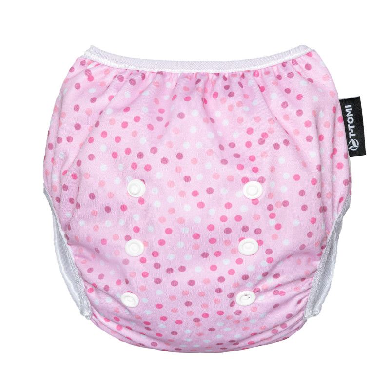 T-TOMI Schwimmwindel mit Rüsche, rosa mit Punkten, Druckknöpfe, Etikett.