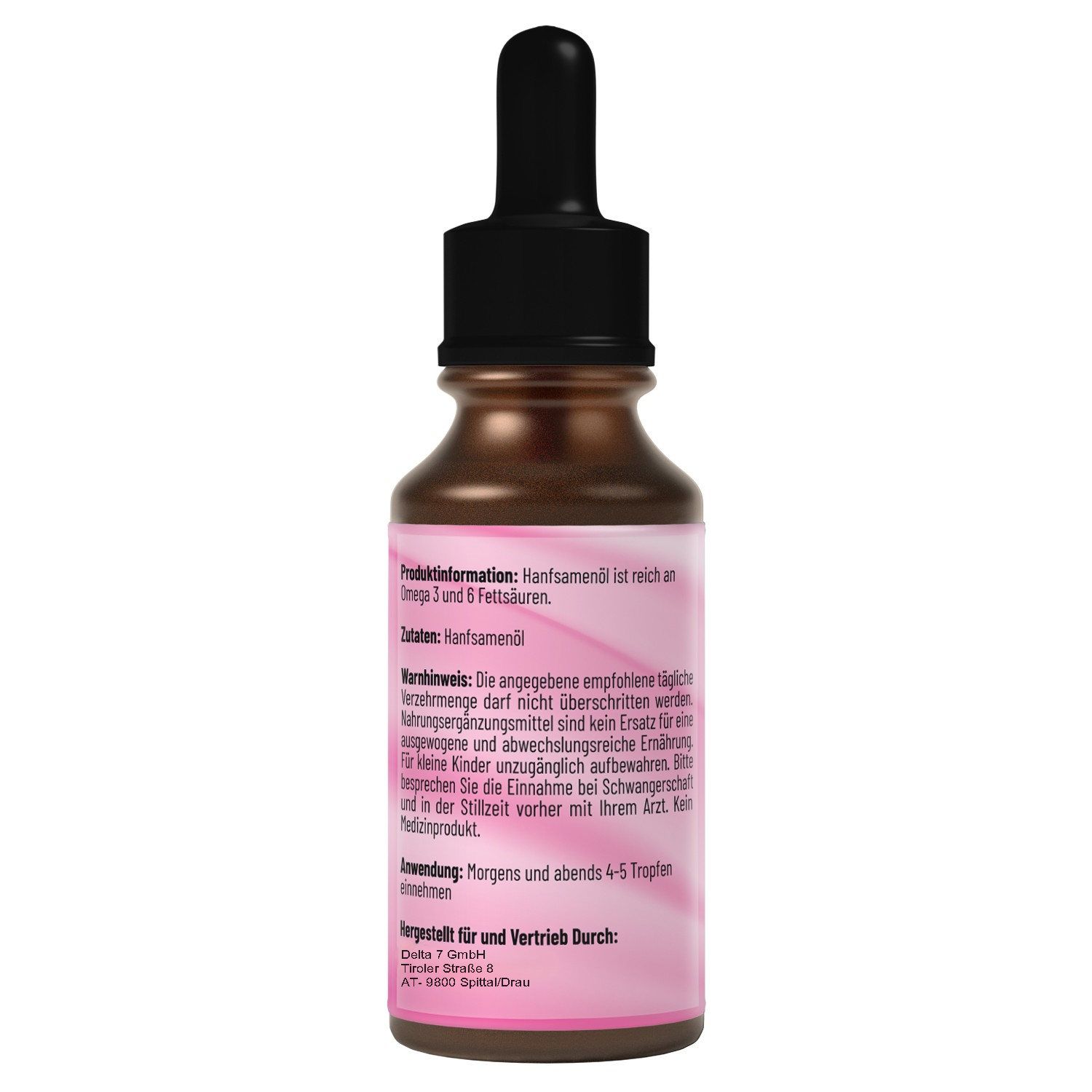 Rückseite der Flasche mit "MYD7", "KETOGEN DROPS BURN". Text: Produktinformationen, Inhaltsstoffe, Anwendungshinweise.