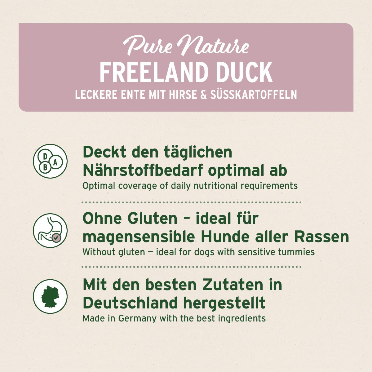 Text: Pure Nature Freeland Duck, leckere Ente mit Hirse & Süßkartoffeln. Deckt Nährstoffbedarf ab, glutenfrei, hergestellt in Deutschland.