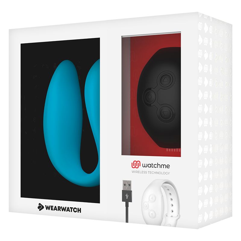 Verpackung mit blauem Wearwatch-Vibrator und schwarzem Armband. Logo watchme.
