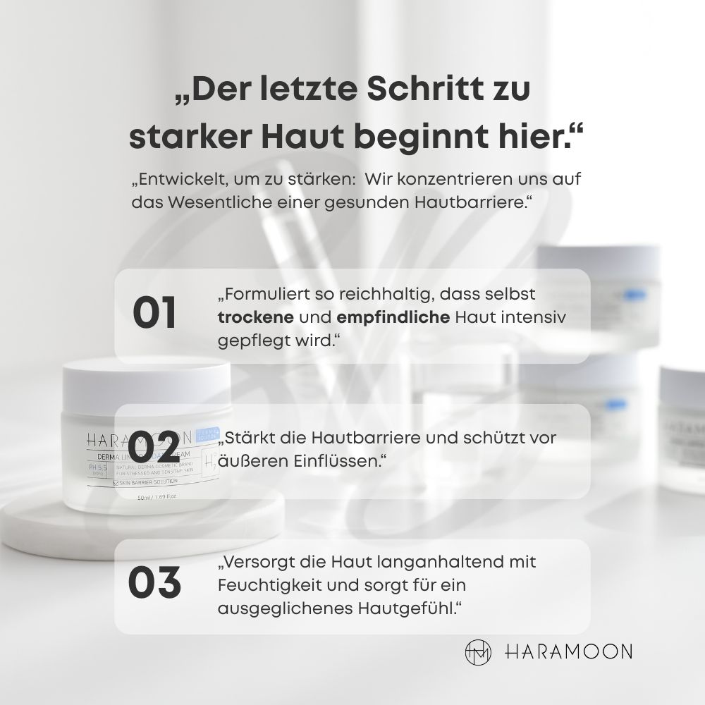 Mehrere Creme-Gläser. Text über die Wirkung der Creme und HARAMOON-Logo.