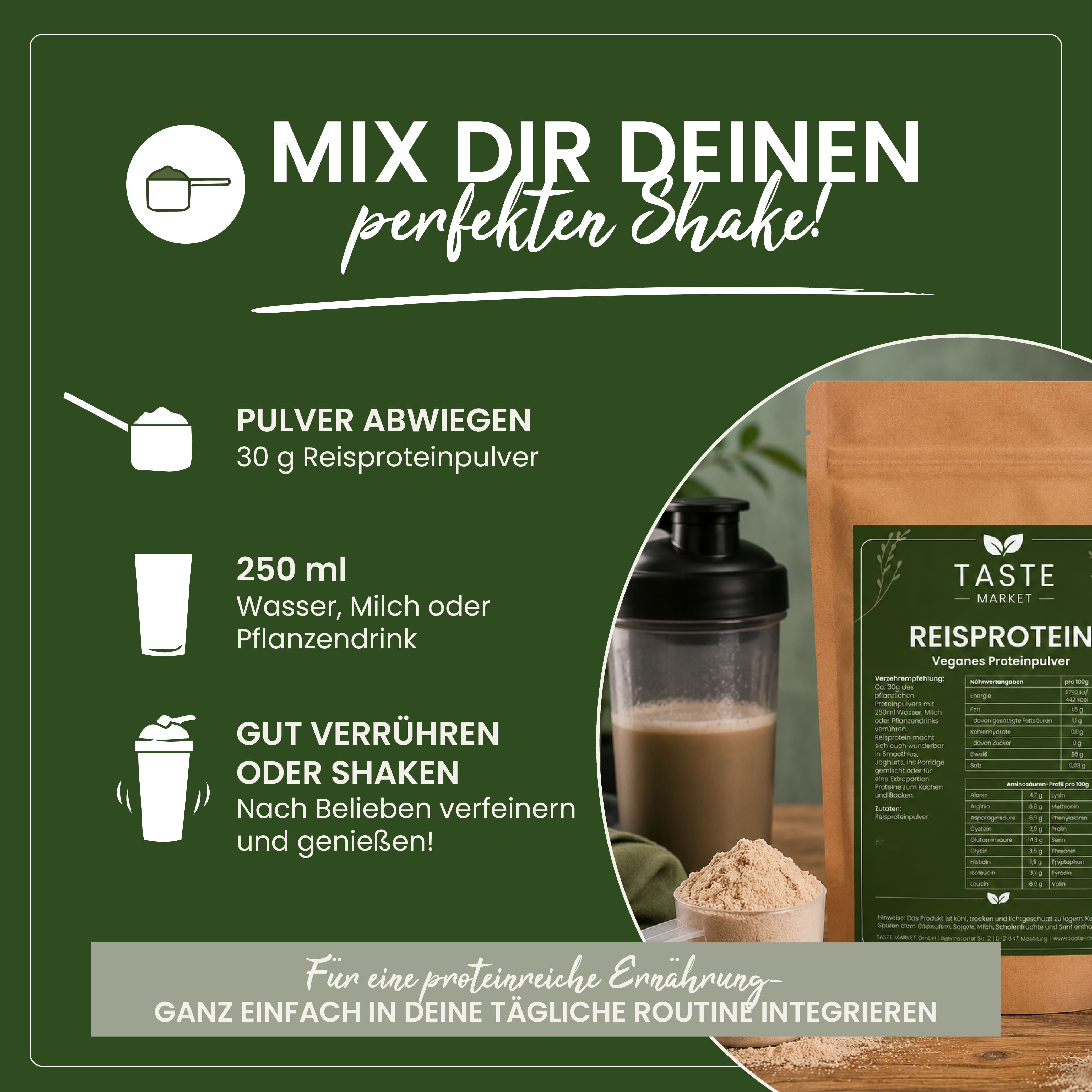 Anleitung zur Zubereitung eines Proteinshakes mit Taste Market Reisprotein Pulver.