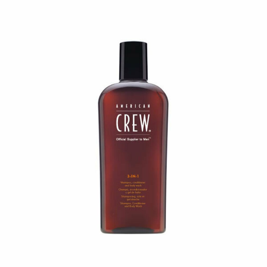 American Crew 3-in-1 Shampoo, Conditioner und Body Wash in brauner Flasche mit schwarzem Verschluss.