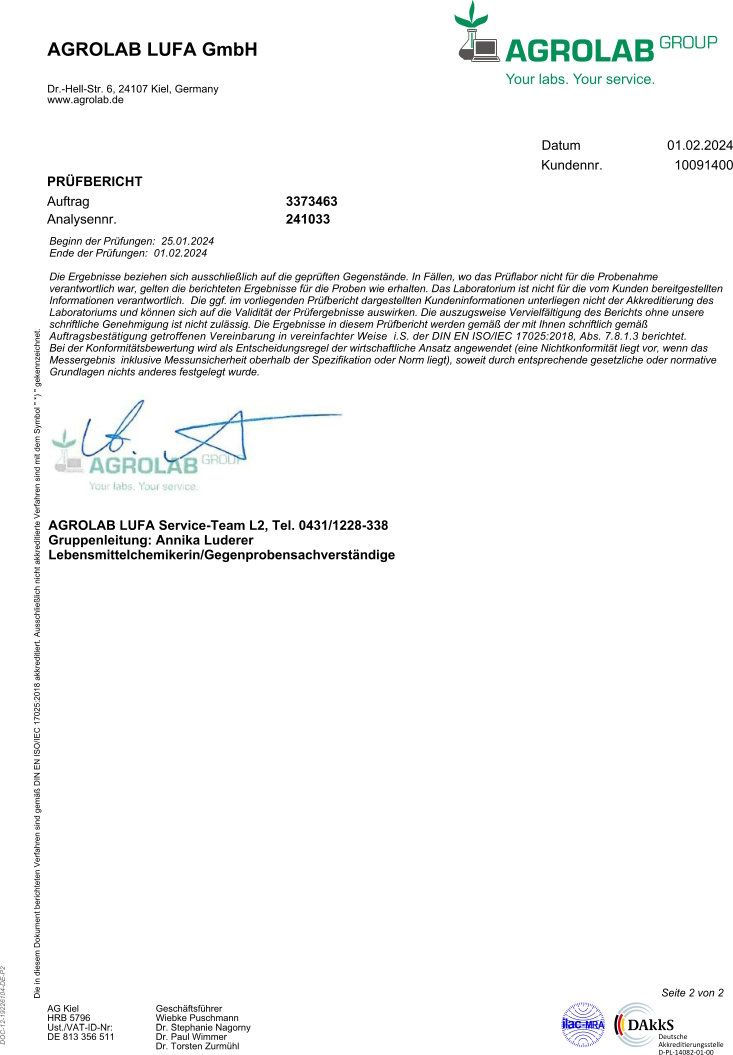 Prüfbericht von Agrolab LUFA GmbH. Enthält Informationen zu Analyse, Probenbezeichnung, Ergebnisse und Unterschriften. Text in Deutsch.