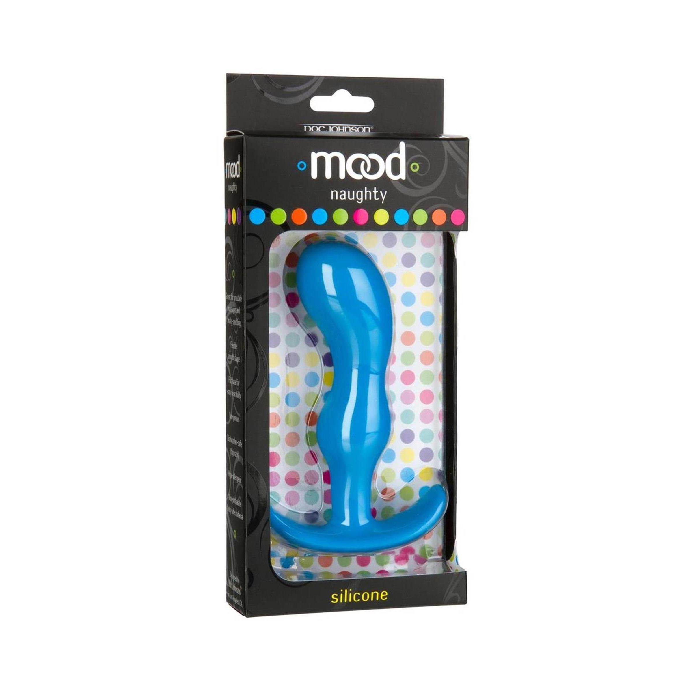 Blauer Analplug in Verpackung. Schwarze Schachtel mit Produktnamen und 'silicone' Schriftzug. Sichtbare Punkte auf der Rückseite.