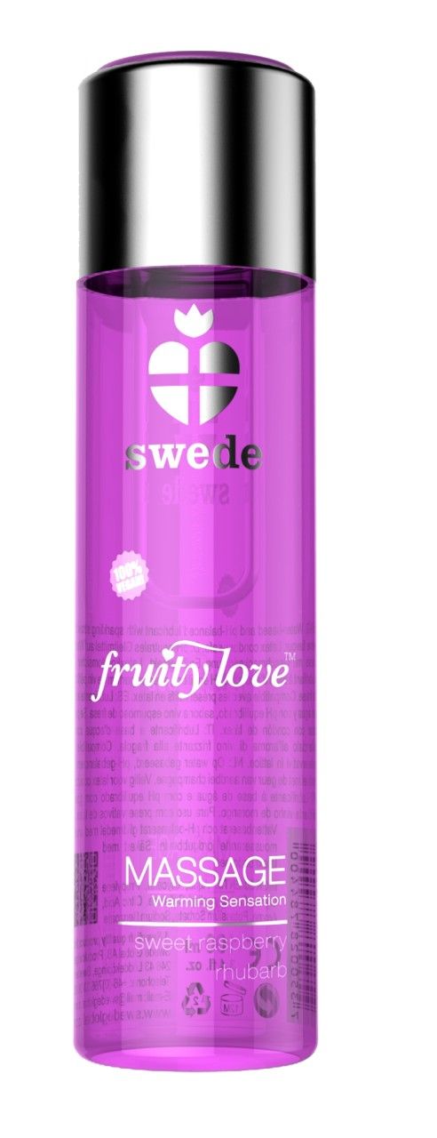 Flasche mit Massage-Lotion. Marke Swede, Schriftzug Fruity Love, Massage, Sweet Raspberry & Rhubarb. Transparente, lilafarbene Flüssigkeit.