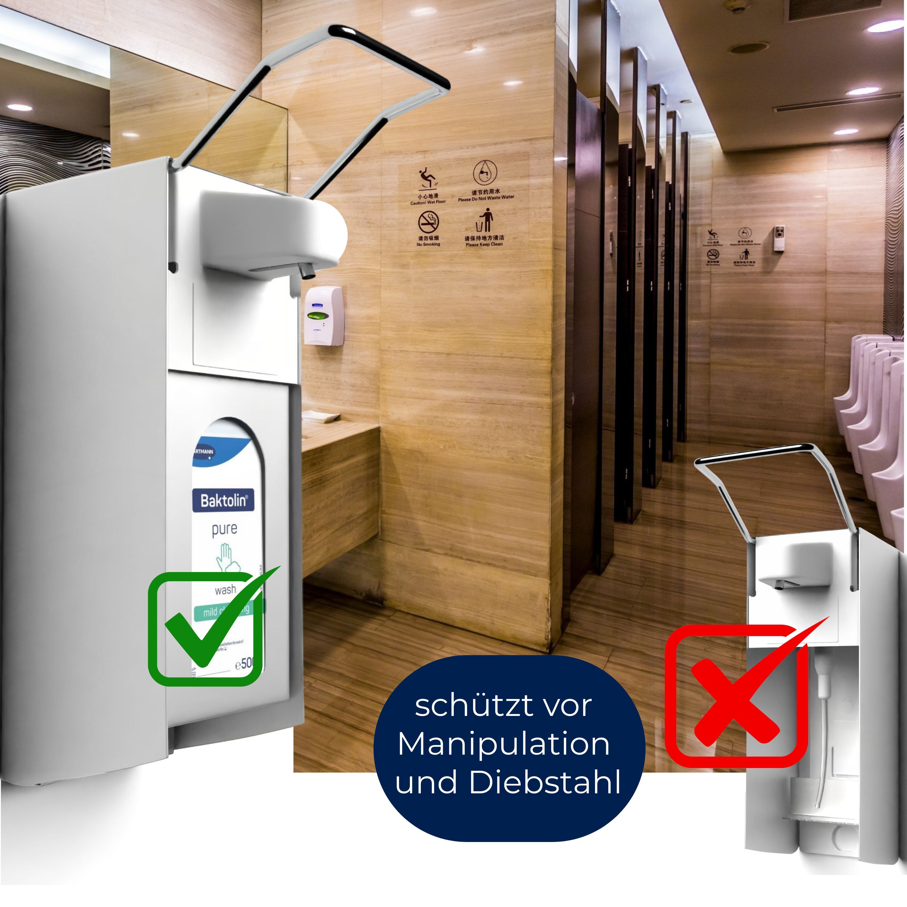 Desinfektionsmittelspender mit Armhebel, weiß, in Toiletten. Links: grün, rechts: rot. Text: schützt vor Manipulation.