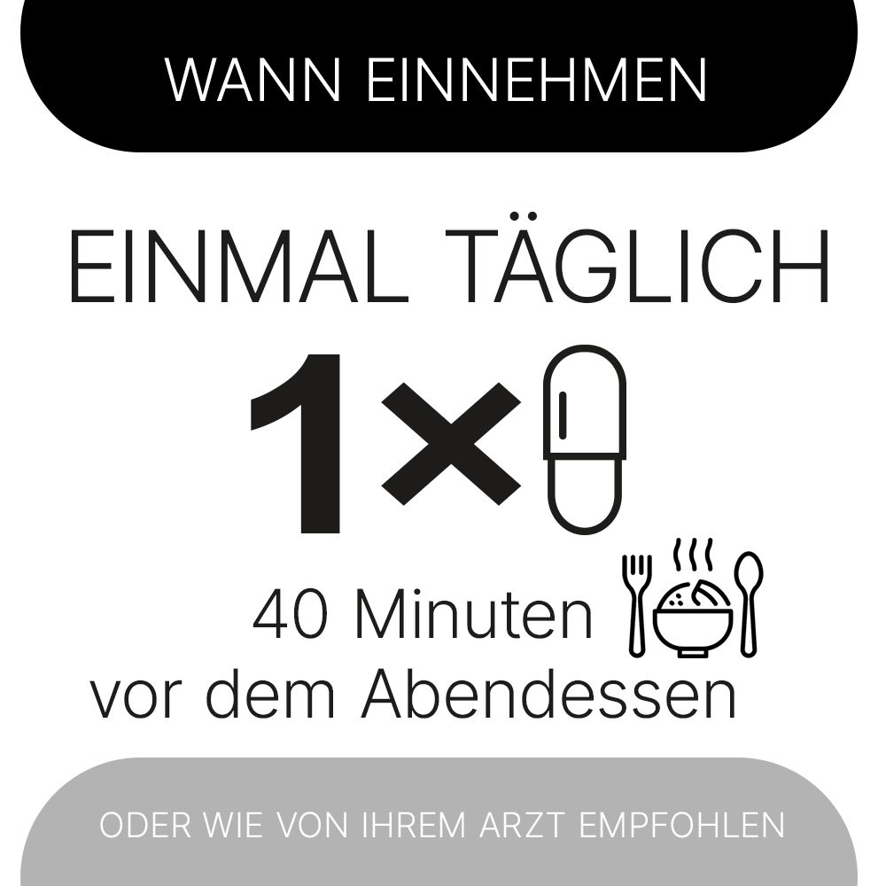Einnahme: 1 Kapsel täglich, 40 Minuten vor dem Abendessen oder nach ärztlicher Empfehlung. Symbol: Kapsel, Gabel, Löffel.