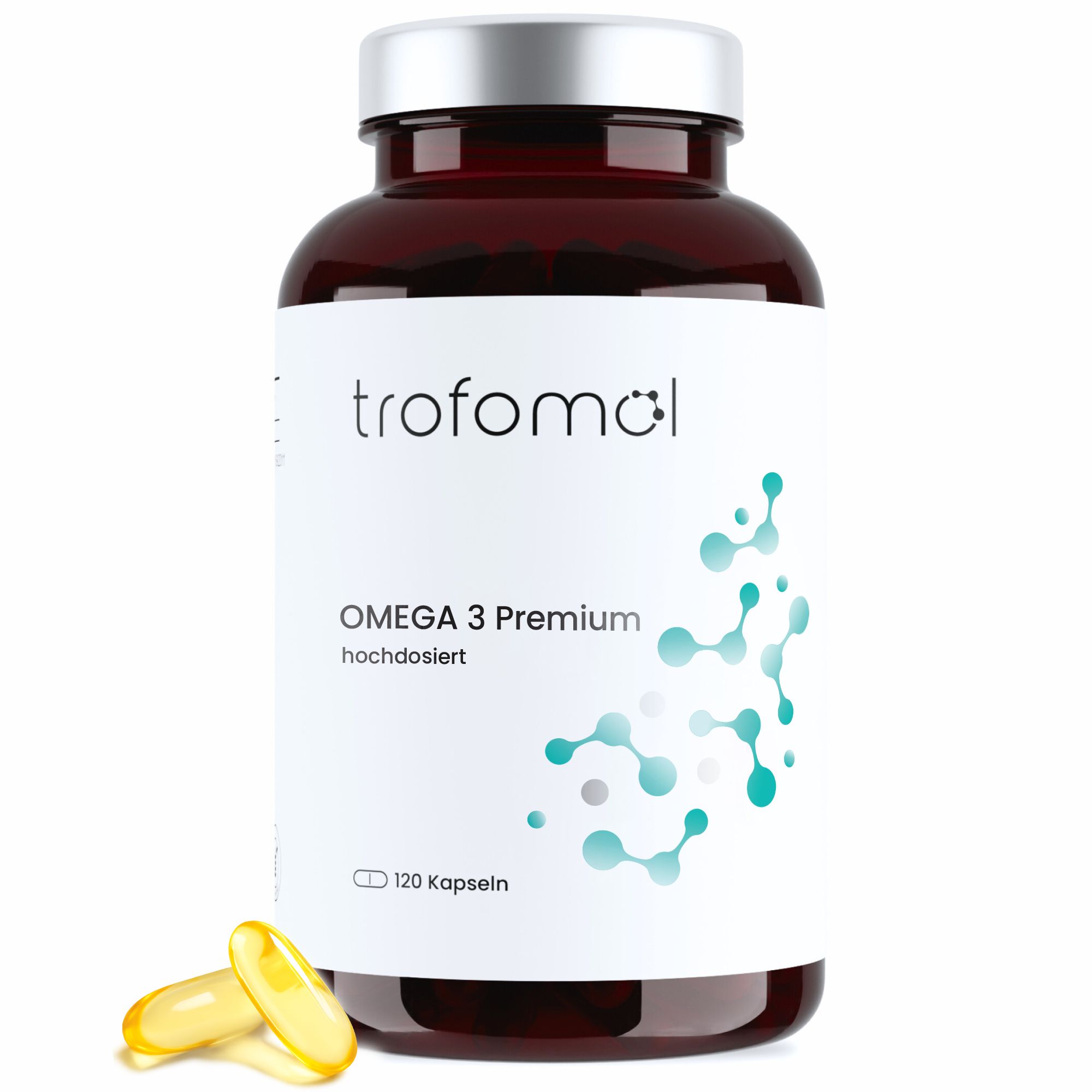 Braune Flasche mit Kapseln. Aufschrift: TROFOMOL Omega 3 Premium. 120 Kapseln. Gelbe Kapseln.