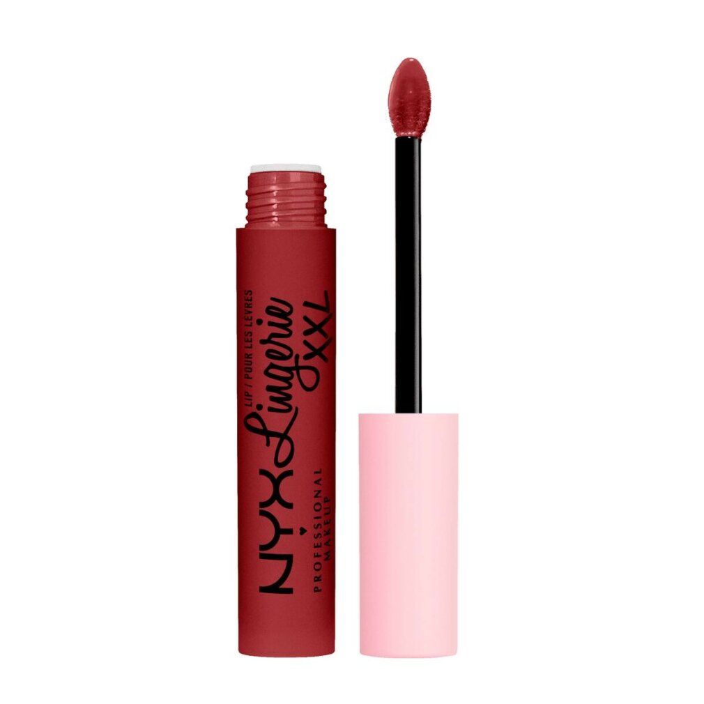 NYX Lip Lingerie XXL flüssiger Lippenstift, aufgeschraubt, mit Applikator in mattem Rotbraun.