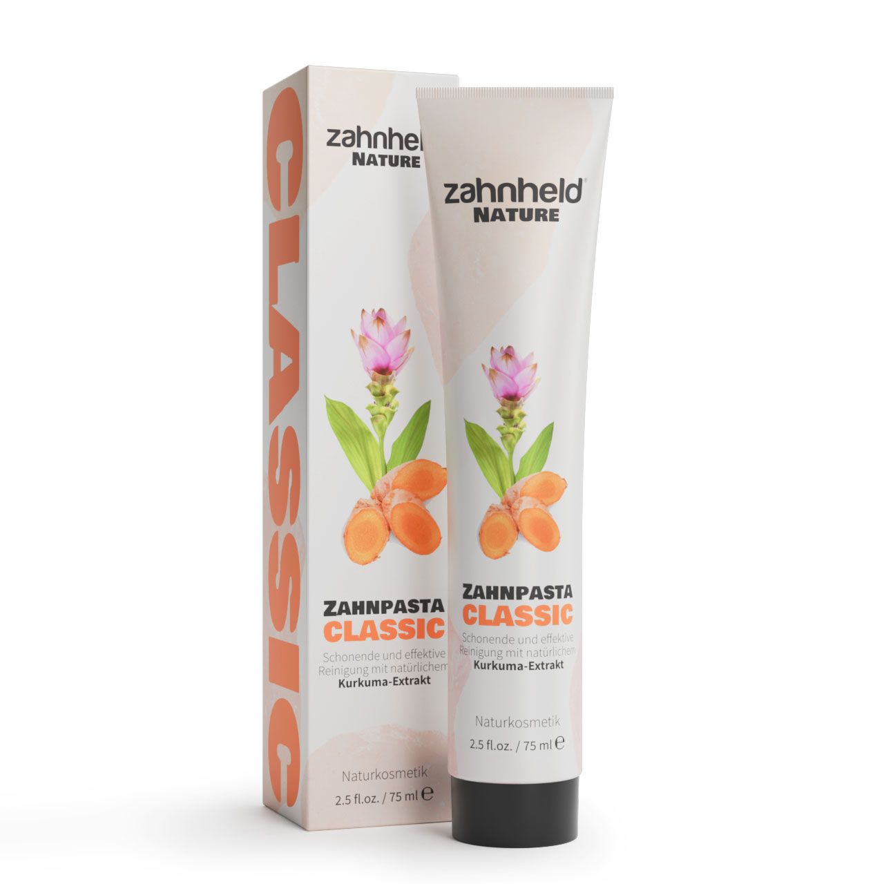 Zahnpasta-Tube und -Verpackung. Aufschrift: Zahnheld Nature Classic, Kurkuma-Extrakt. Abbildung von Kurkuma-Blüten.