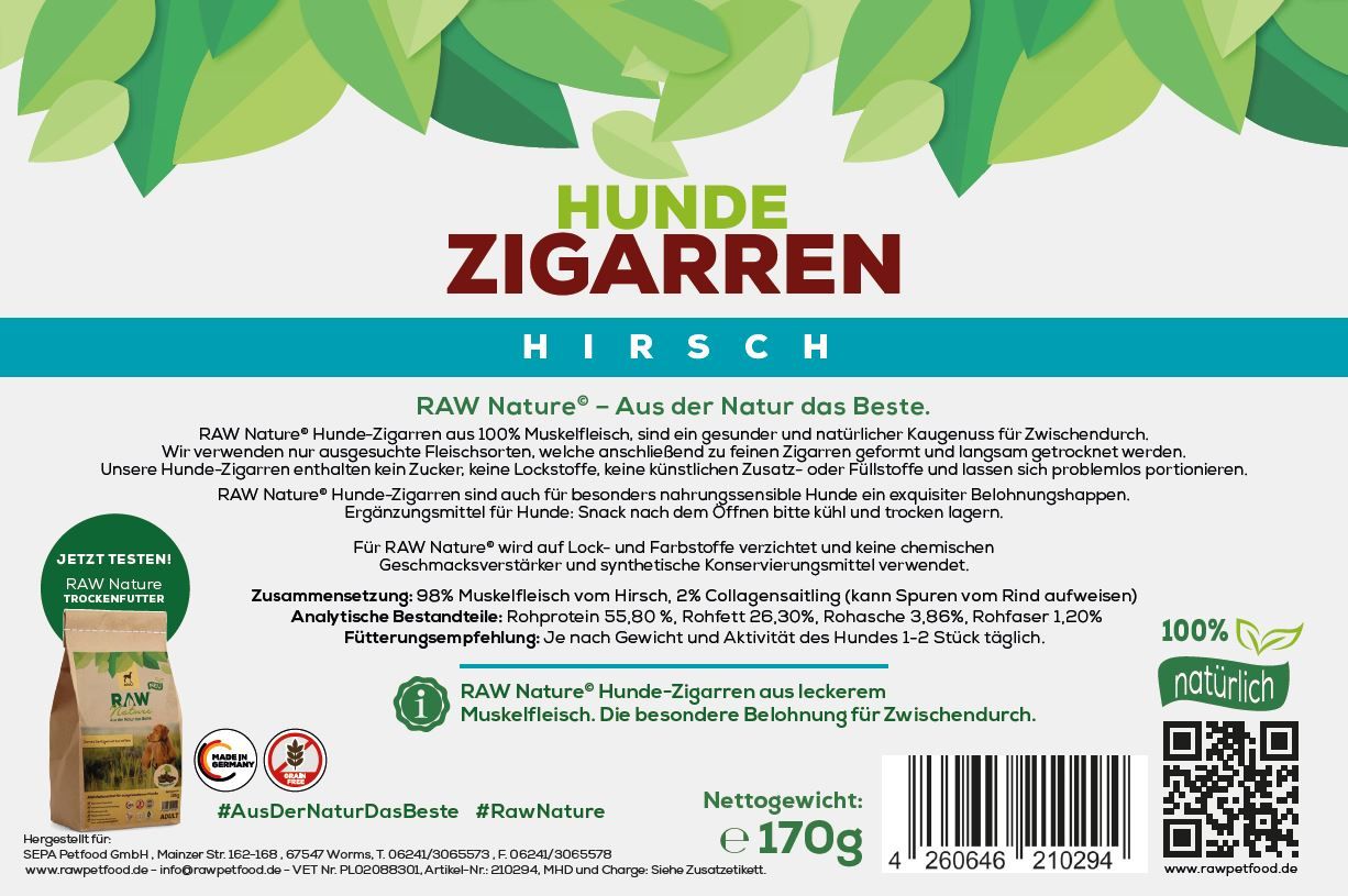 RAW Nature Hundesnack, Hirsch Hunde-Zigarren, Dörrfleisch Kausnack