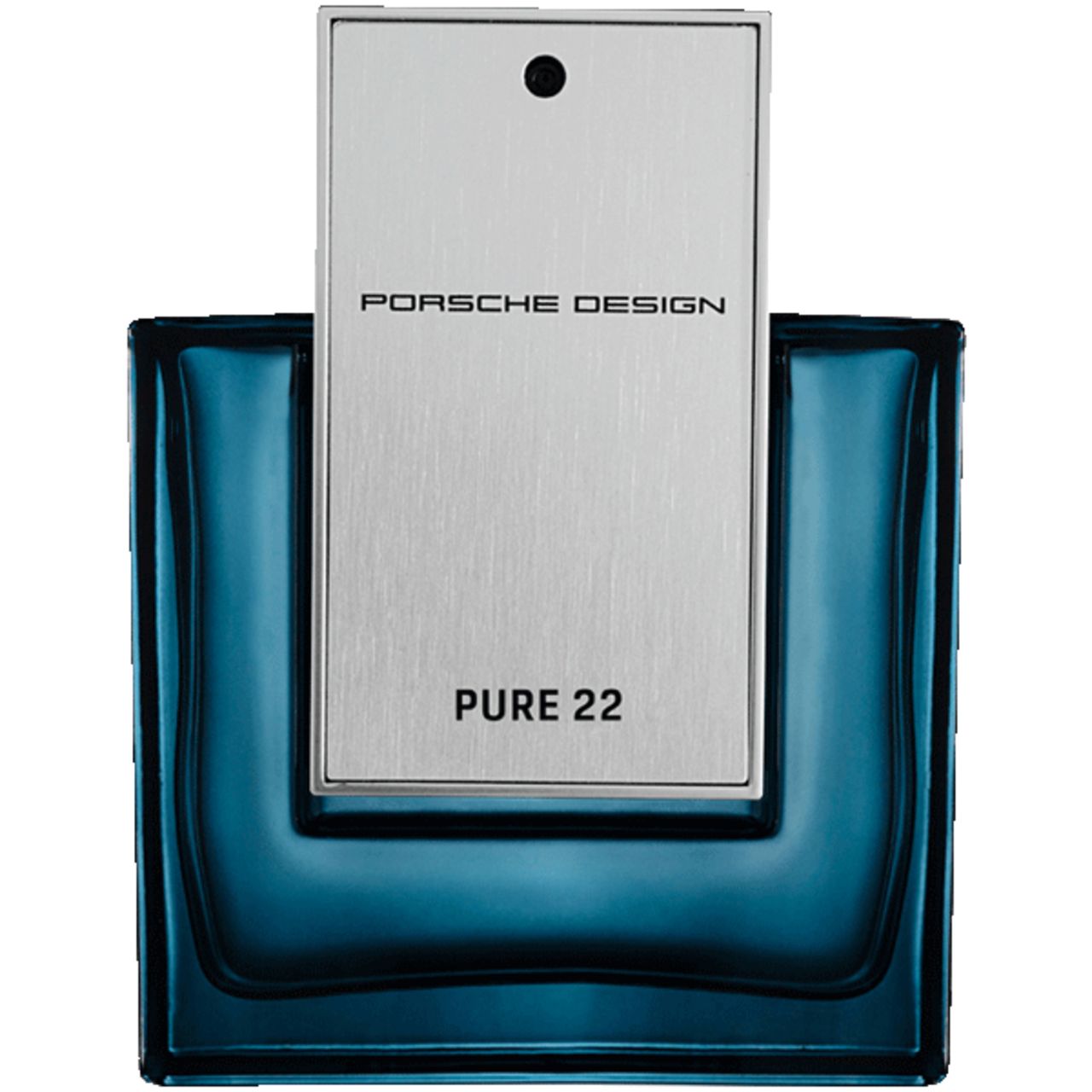 Blaues Parfumflakon mit silbernem Deckel. Aufschrift: PORSCHE DESIGN, PURE 22. Der Flakon steht vor einem weißen Hintergrund.