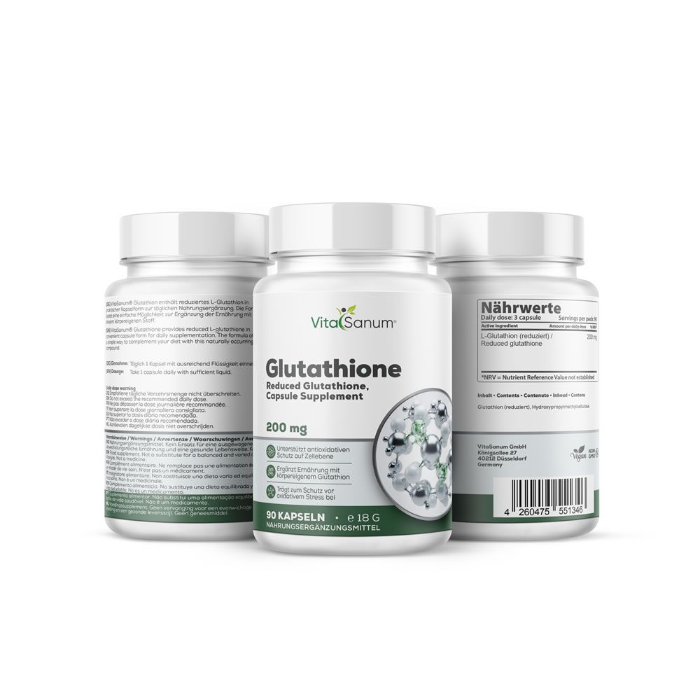 VitaSanum® Glutathion Kapseln, 200 mg, 90 Stück, mit Nährwertangaben.