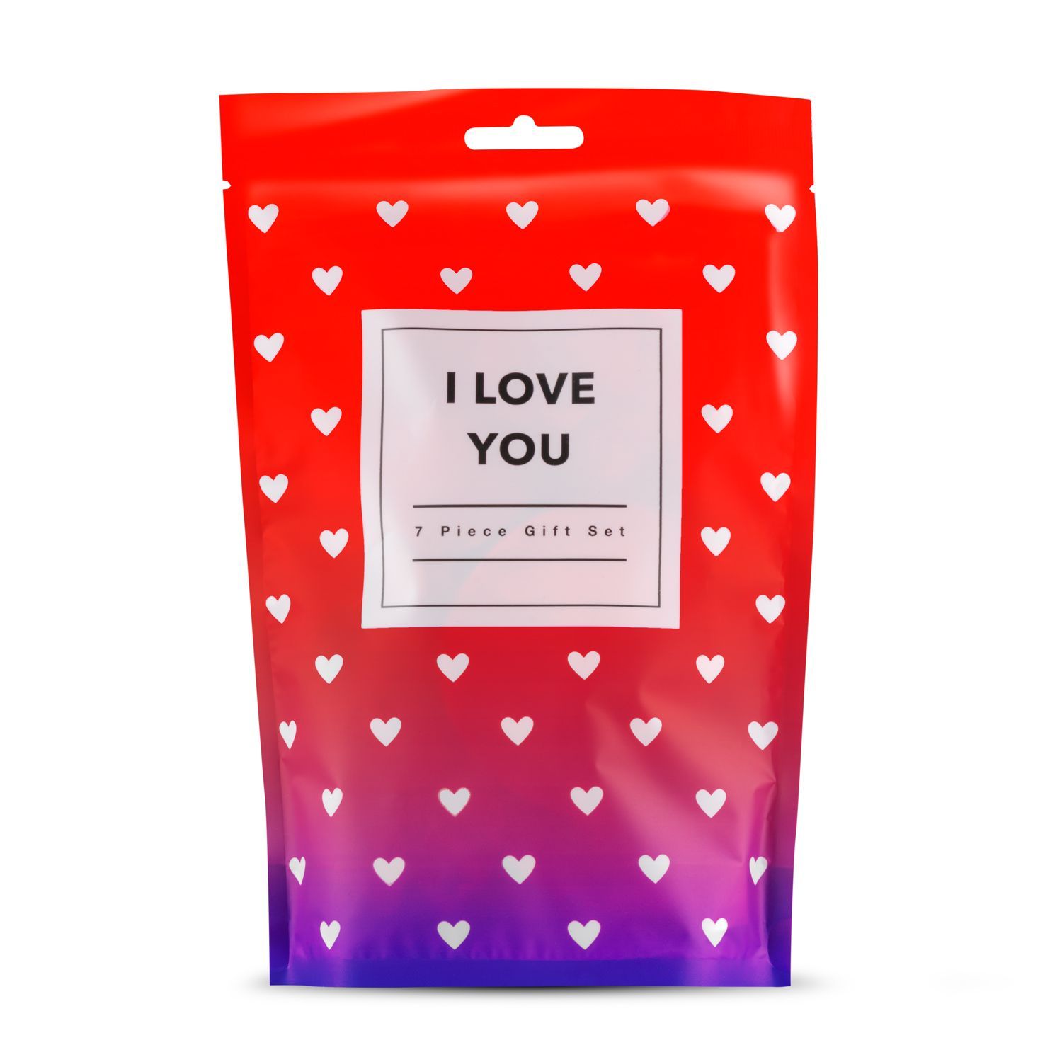 Verpackung mit Aufdruck "I LOVE YOU". Roter Farbverlauf mit weißen Herzen. Textfeld mit Text "7 PIECE GIFT SET".