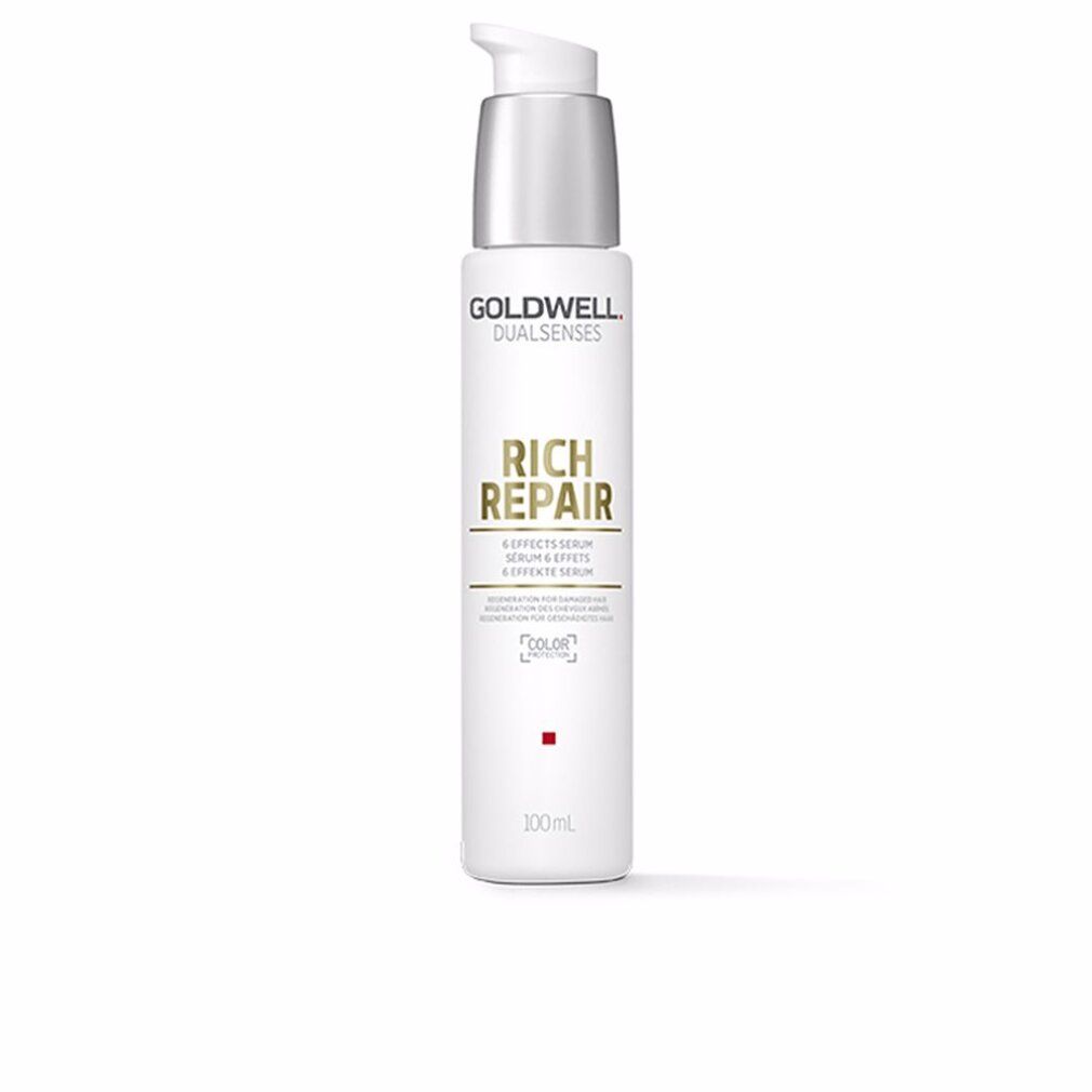 Goldwell Dualsenses Rich Repair Serum-Flasche. Weißes Fläschchen mit silbernem Pumpkopf. Produktname und Logo deutlich sichtbar.