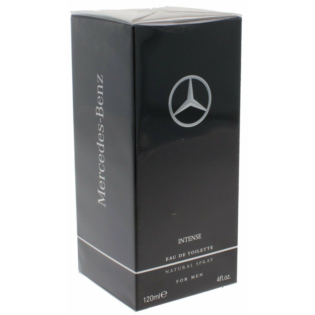 Schwarze Verpackung mit Mercedes-Benz Logo. Schriftzug Mercedes-Benz und INTENSE. 120ml, Eau de Toilette.
