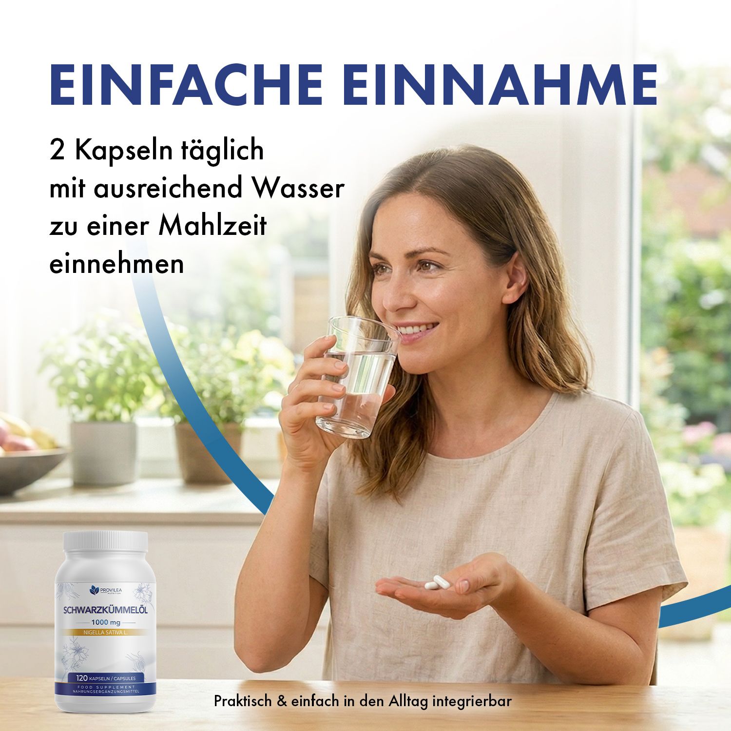 Frau trinkt Wasser und hält Kapseln. Flasche mit Schwarzkümmelöl Kapseln daneben. Text: Einfache Einnahme.