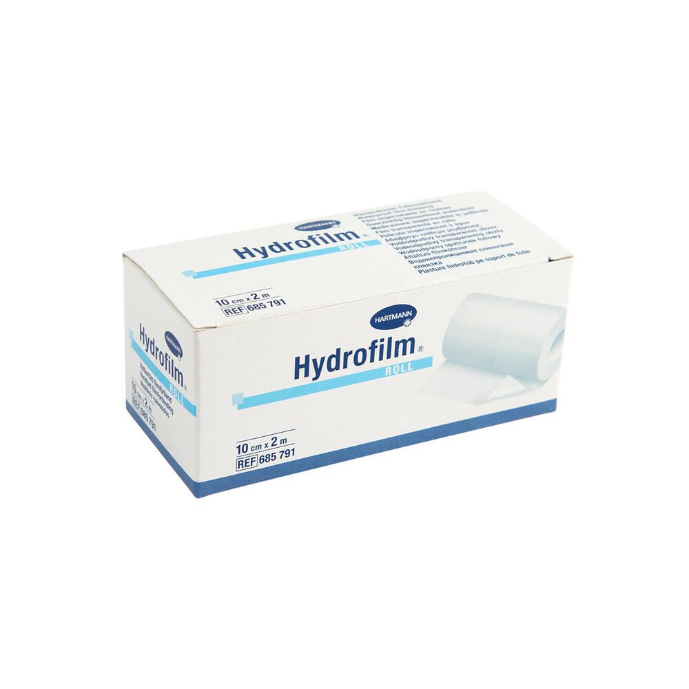 Weißer Karton mit Aufschrift Hydrofilm. Rolle mit transparentem Verbandmaterial. Hartmann-Logo.