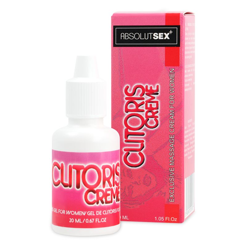 Flasche und Schachtel. Flasche: Clitoris Creme, 20 ml. Schachtel: ABSOLUTSEX+, Clitoris Creme, 20 ml. Hergestellt in Frankreich.