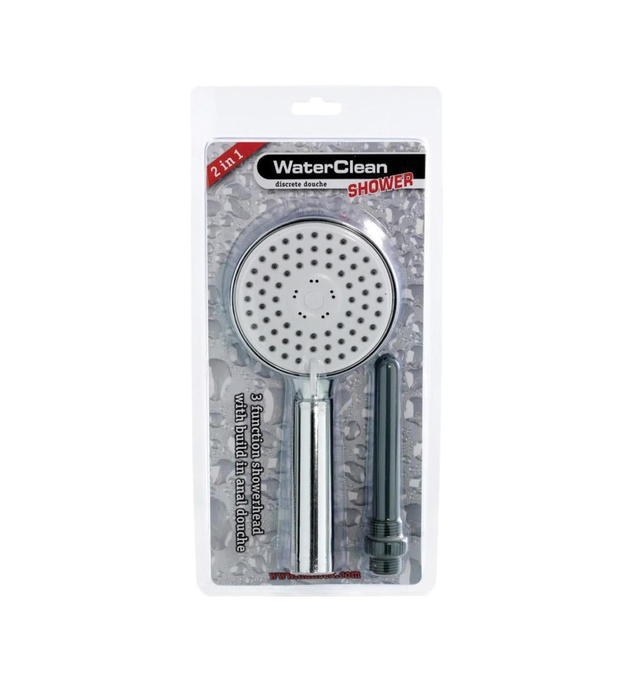 Duschkopf in Blisterverpackung. Rund, silberfarben, mit schwarzem Aufsatz. Text: WaterClean Shower, 2 in 1, discrete douche, 3 function showerhead.