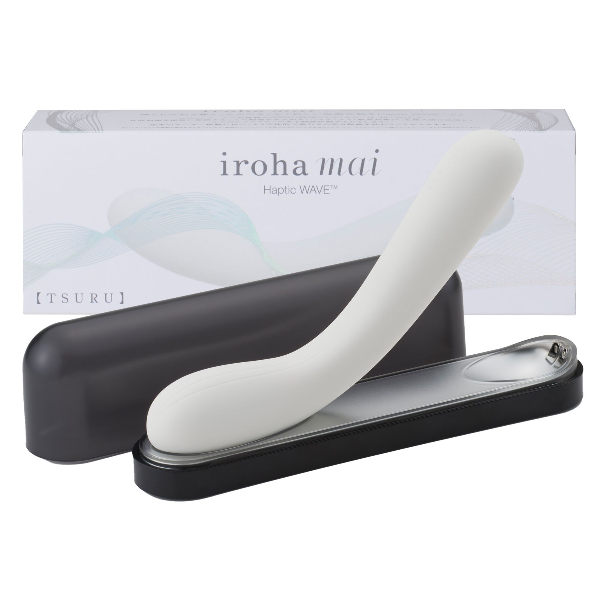 Weißes, geschwungenes Wellness-Produkt mit schwarzer Basis und Hülle. Verpackung mit Produktnamen iroha mai.