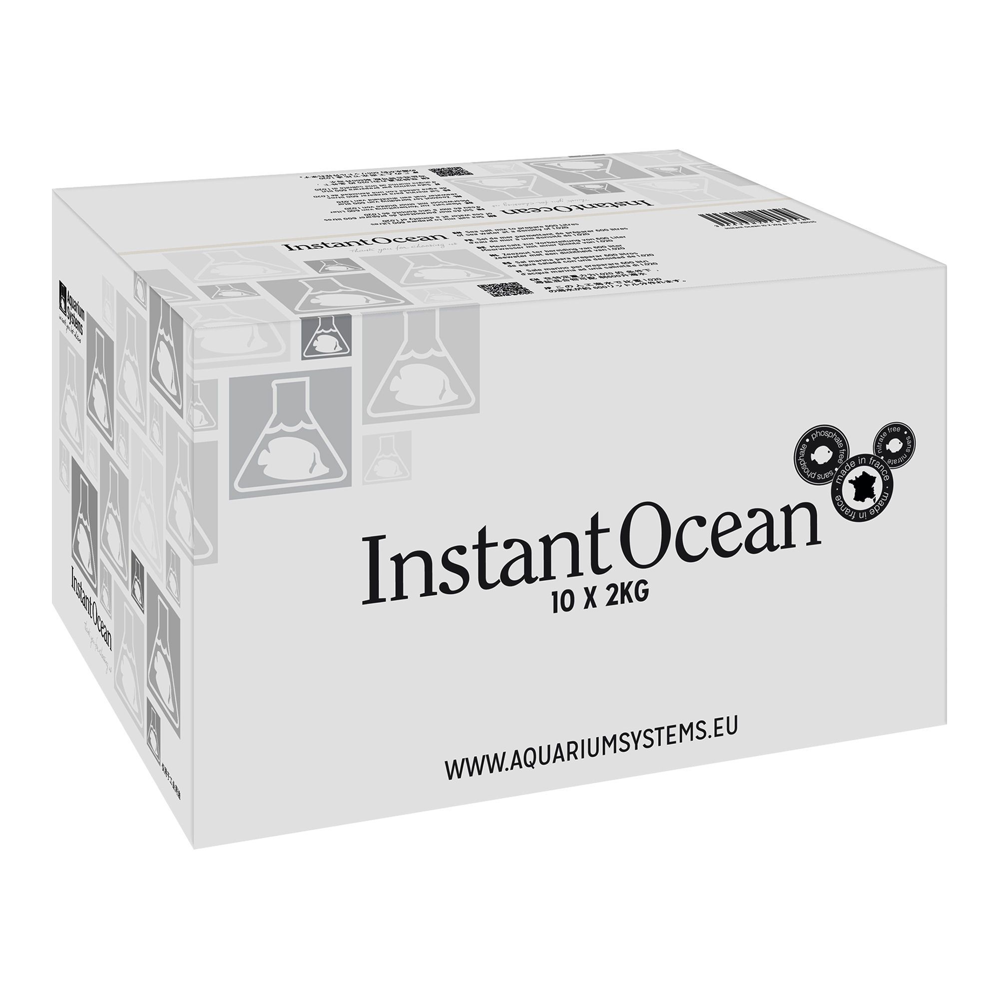 Weißer Karton mit "Instant Ocean"-Logo und Text. Enthält 10 x 2KG. Website-Adresse unten rechts.