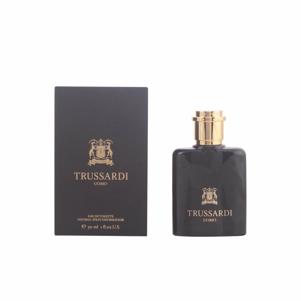 Schwarzer Flakon und Verpackung. Goldfarbene Schrift und Logo: Trussardi Uomo. Eau de Toilette. 30 ml.