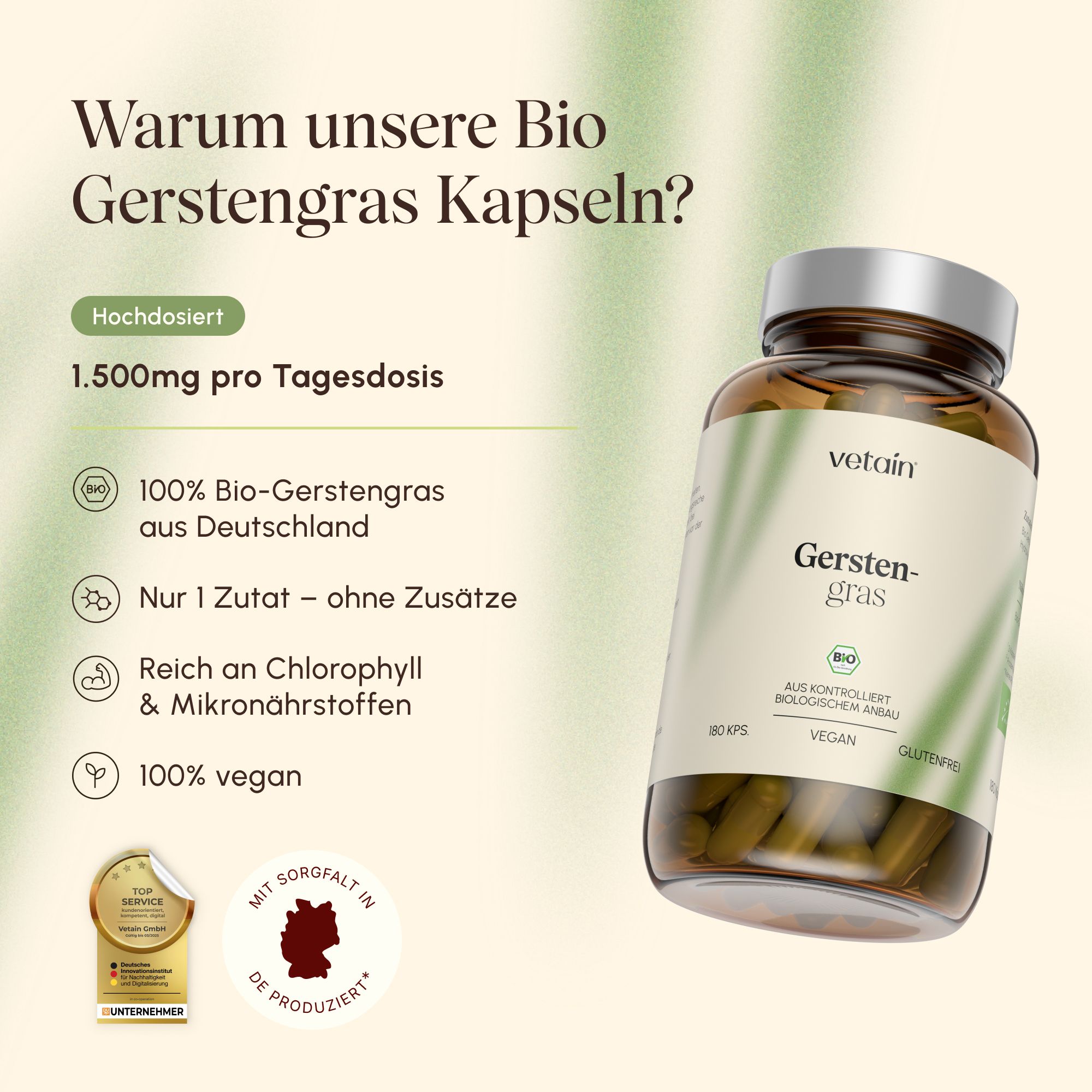 VETAIN Bio Gerstengras Kapseln: Flasche mit Siegeln 'Hochdosiert', '100% Bio', 'Nur 1 Zutat'.