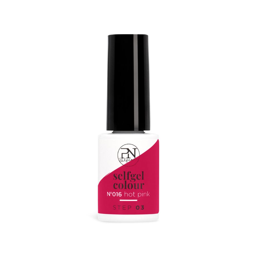 PN Selfgel Vernis Semi-Permanent, N16 Hot Pink. Flasche mit schwarzem Deckel. Produktetikett mit Produktinformationen.