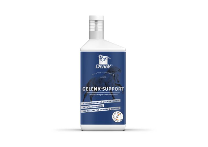 Flasche mit blauem Etikett. Aufschrift: DERBY Gelenk-Support. Enthält Hyaluronsäure. Mit Siegel "Made in Germany".