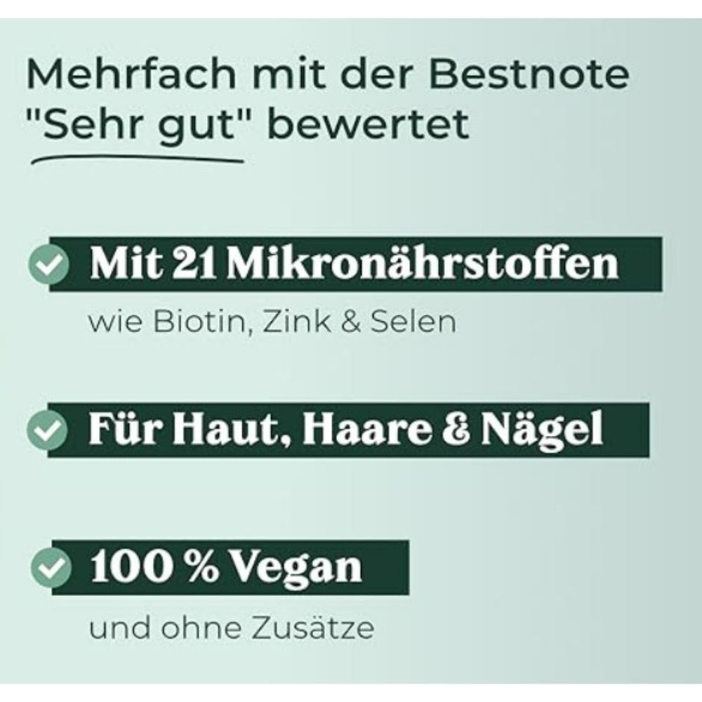 Text: Cosphera Haar Vitamine. Mit 21 Mikronährstoffen wie Biotin, Zink & Selen. Für Haut, Haare & Nägel. 100% Vegan.