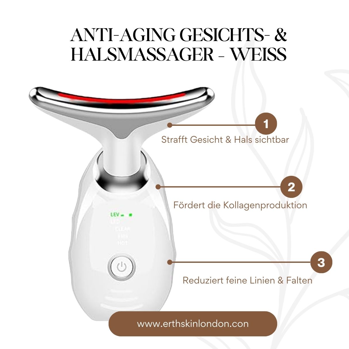 Weißer Gesichts- und Halsmassager mit rotem Licht am Kopf. Produktname und Funktionen auf Hintergrund. LED-Anzeige.