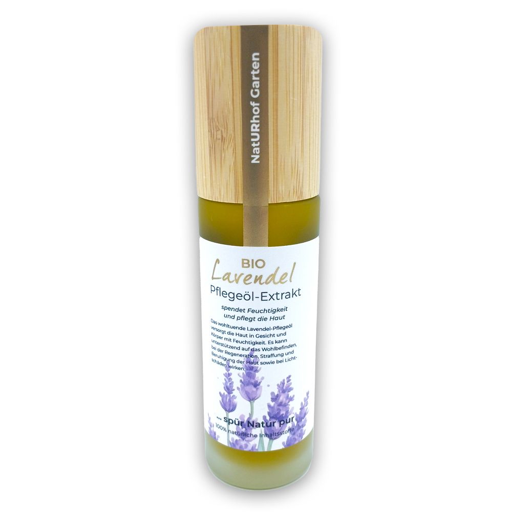 Zylindrische Flasche mit Holzdeckel. Aufschrift: Bio Lavendel Pflegeöl-Extrakt. Etikett mit Lavendel-Illustrationen und Text.