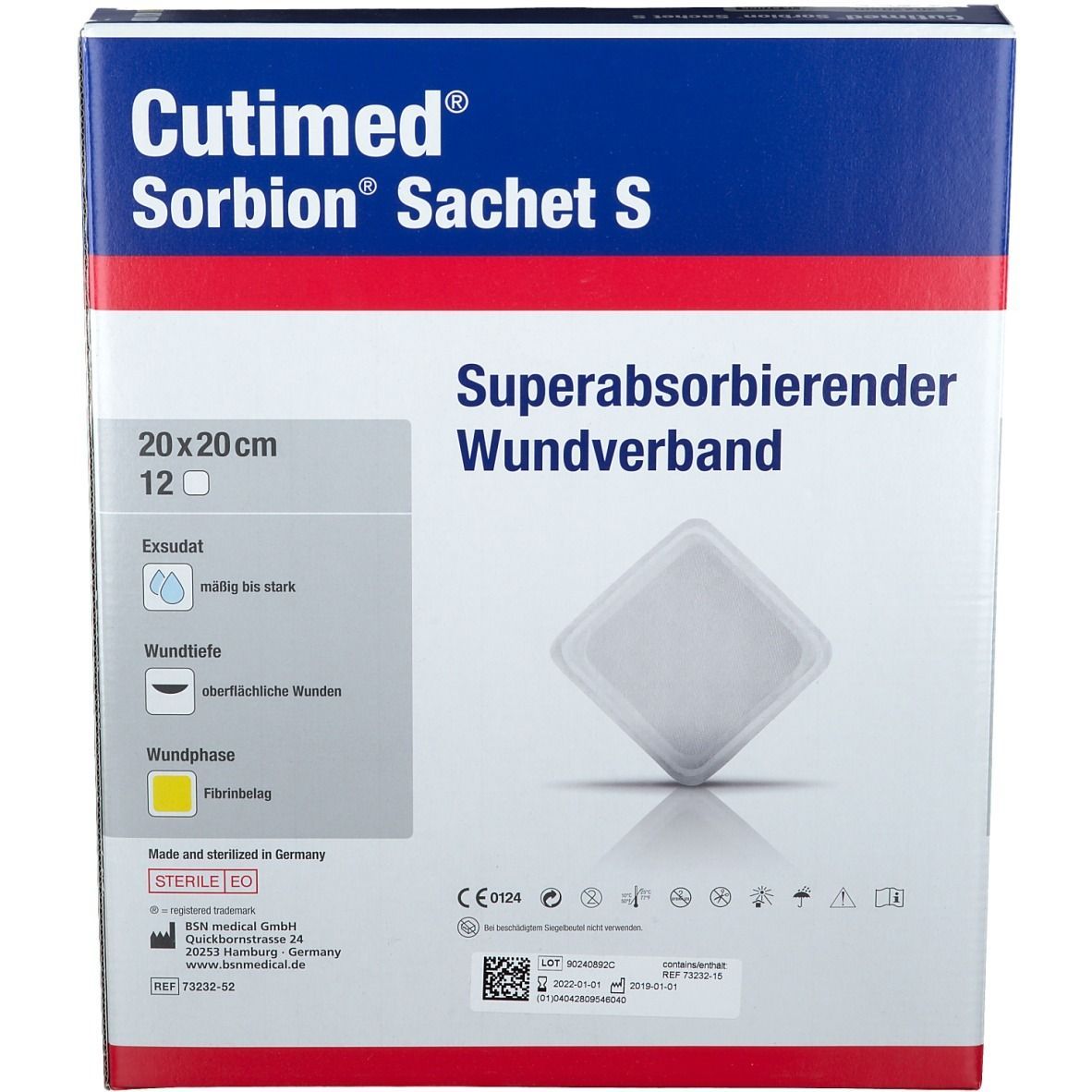 Verpackung mit Cutimed Sorbion Sachet S. Quadratischer Wundverband, 20x20cm. 12 Stück. Superabsorbierend. Steril.