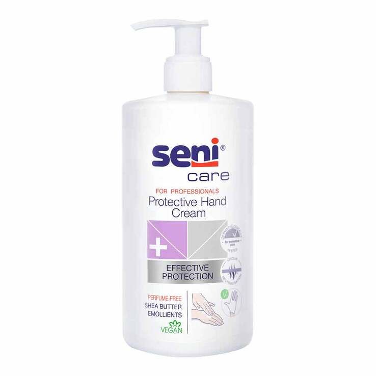 Weiße Flasche mit Pumpverschluss. Aufschrift: Seni Care Protective Hand Cream. Enthält Sheabutter und ist vegan.