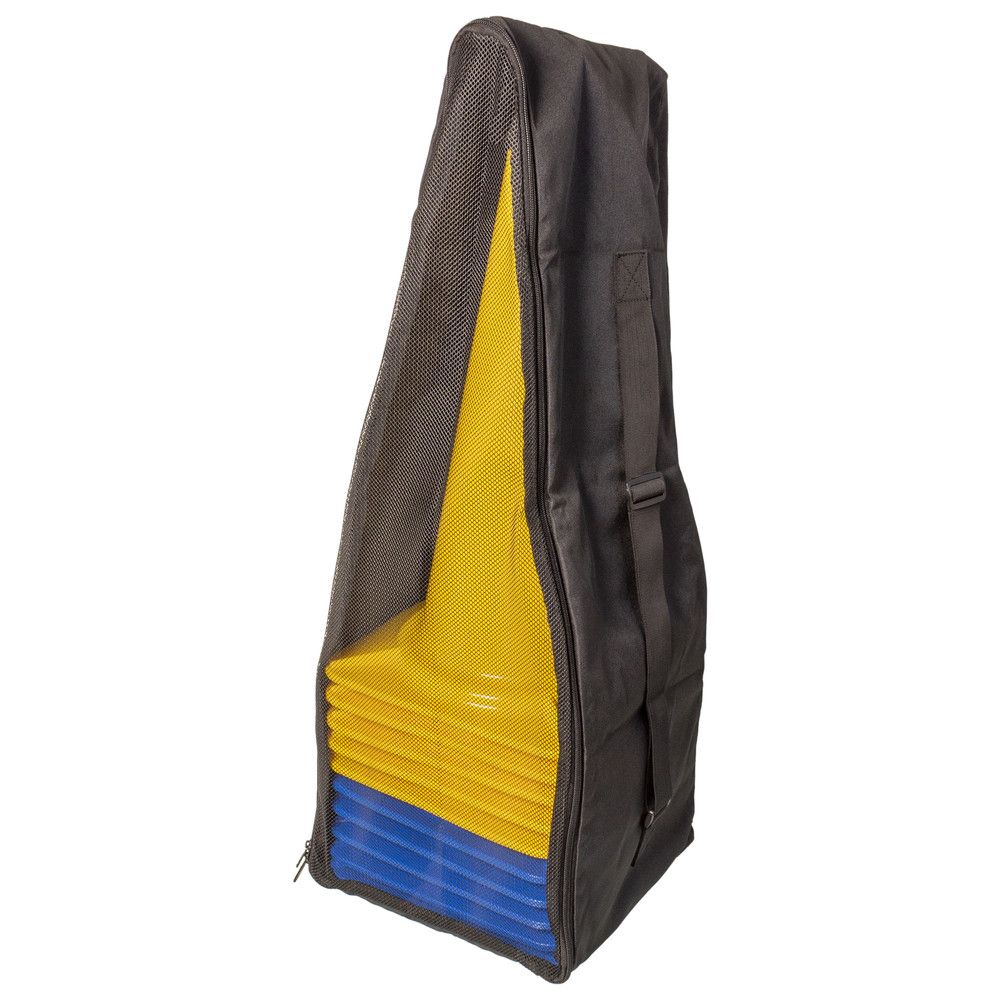 Schwarze Tasche mit gelben und blauen Pylonen. Teilweise geöffnet, Reißverschluss sichtbar.