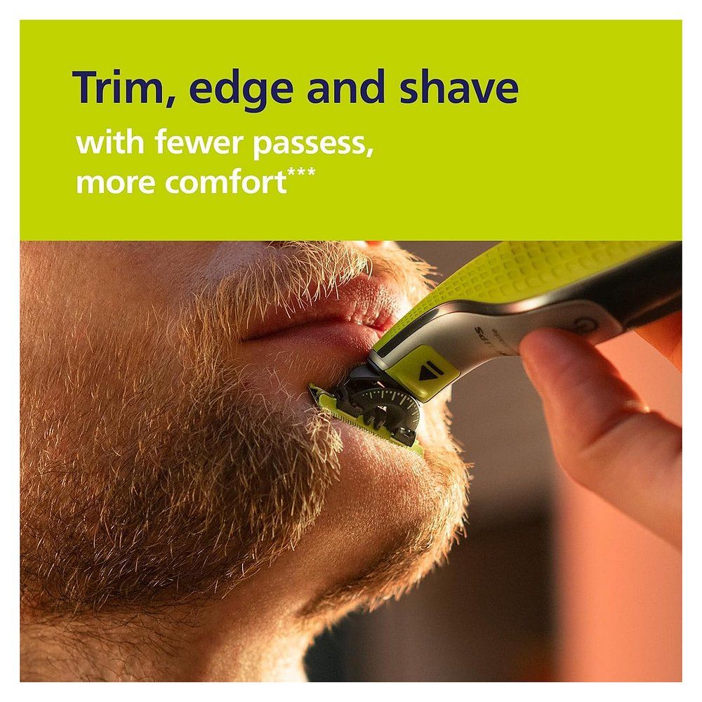 Philips OneBlade 360 Klinge wird zum Trimmen eines Bartes verwendet. Text "Trim, edge and shave".
