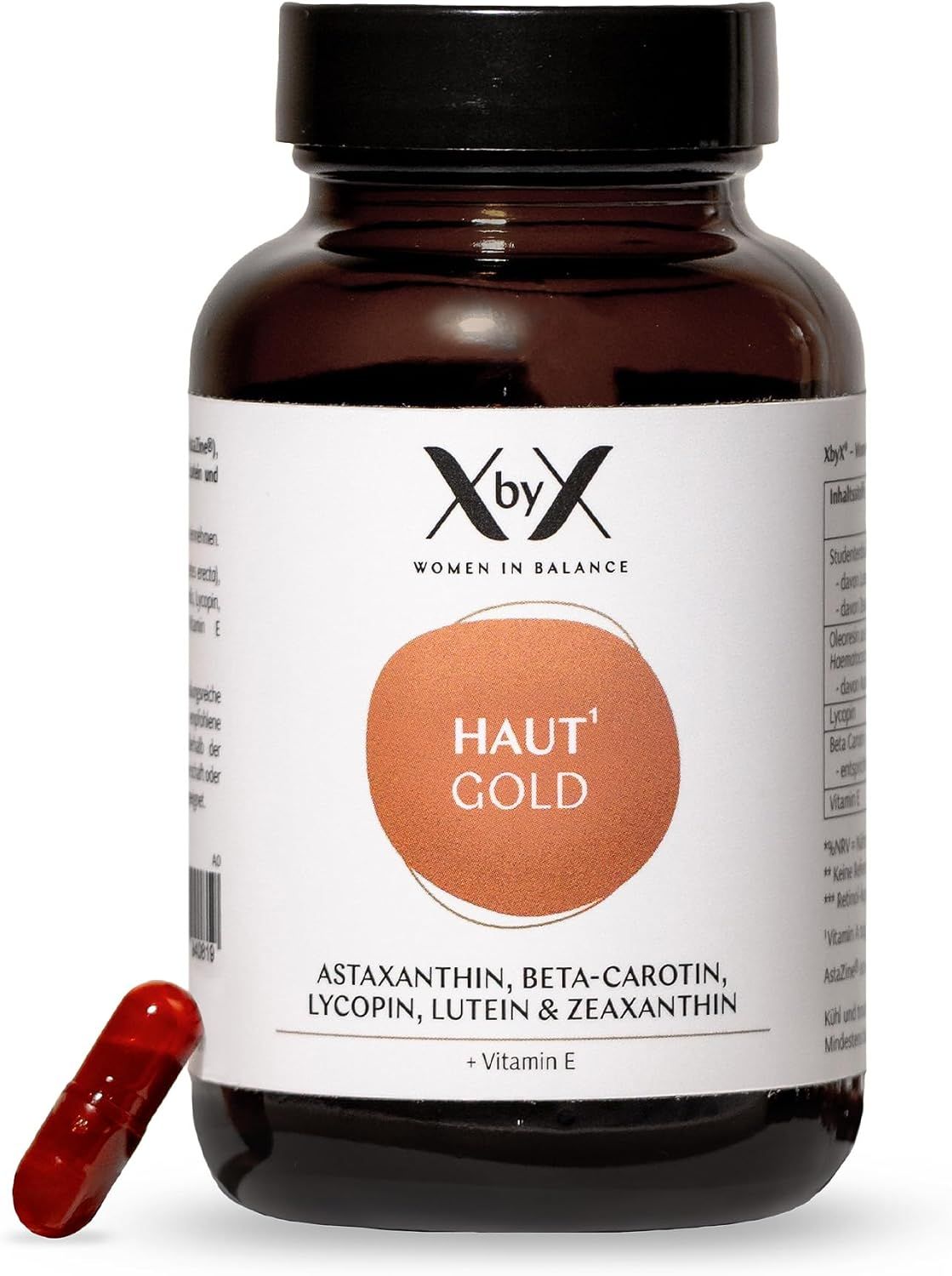 XbyX® Haut Gold – Carotinoide Kapseln Haut¹ Astaxanthin, Beta-Carotin, Lutein, Vitamin E Frauen 60 St