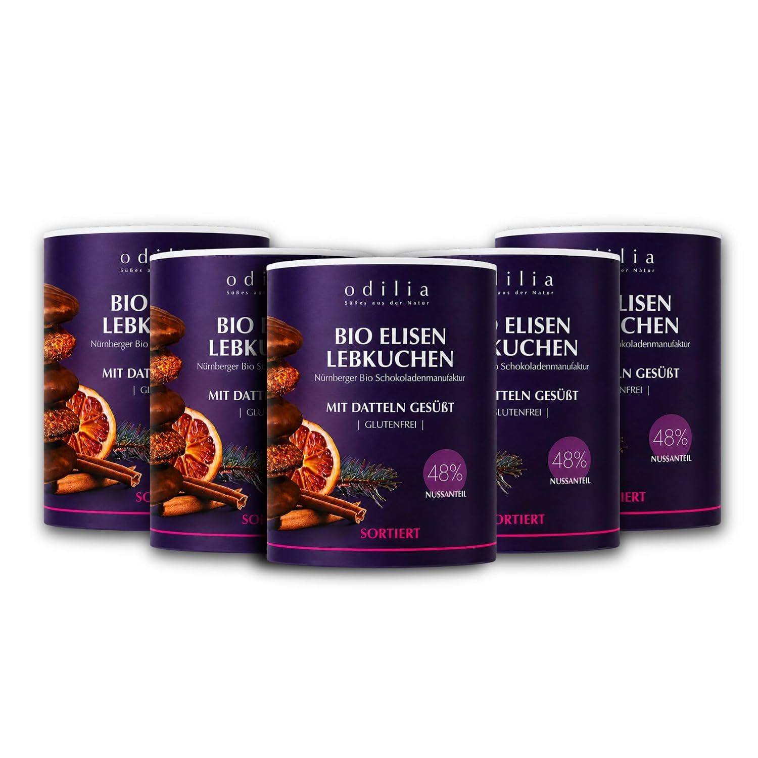 Fünf Dosen Odilia Bio Elisen Lebkuchen, glutenfrei, mit Datteln gesüßt.