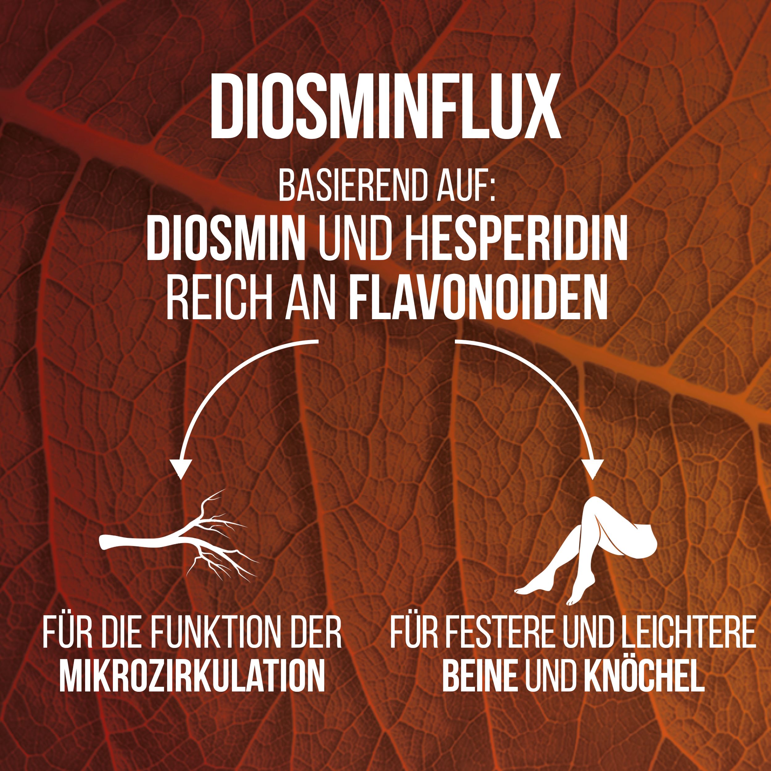 Grafik mit Text: Diosminflux, basierend auf Diosmin und Hesperidin. Zeigt Funktionen der Mikrozirkulation und festere Beine.
