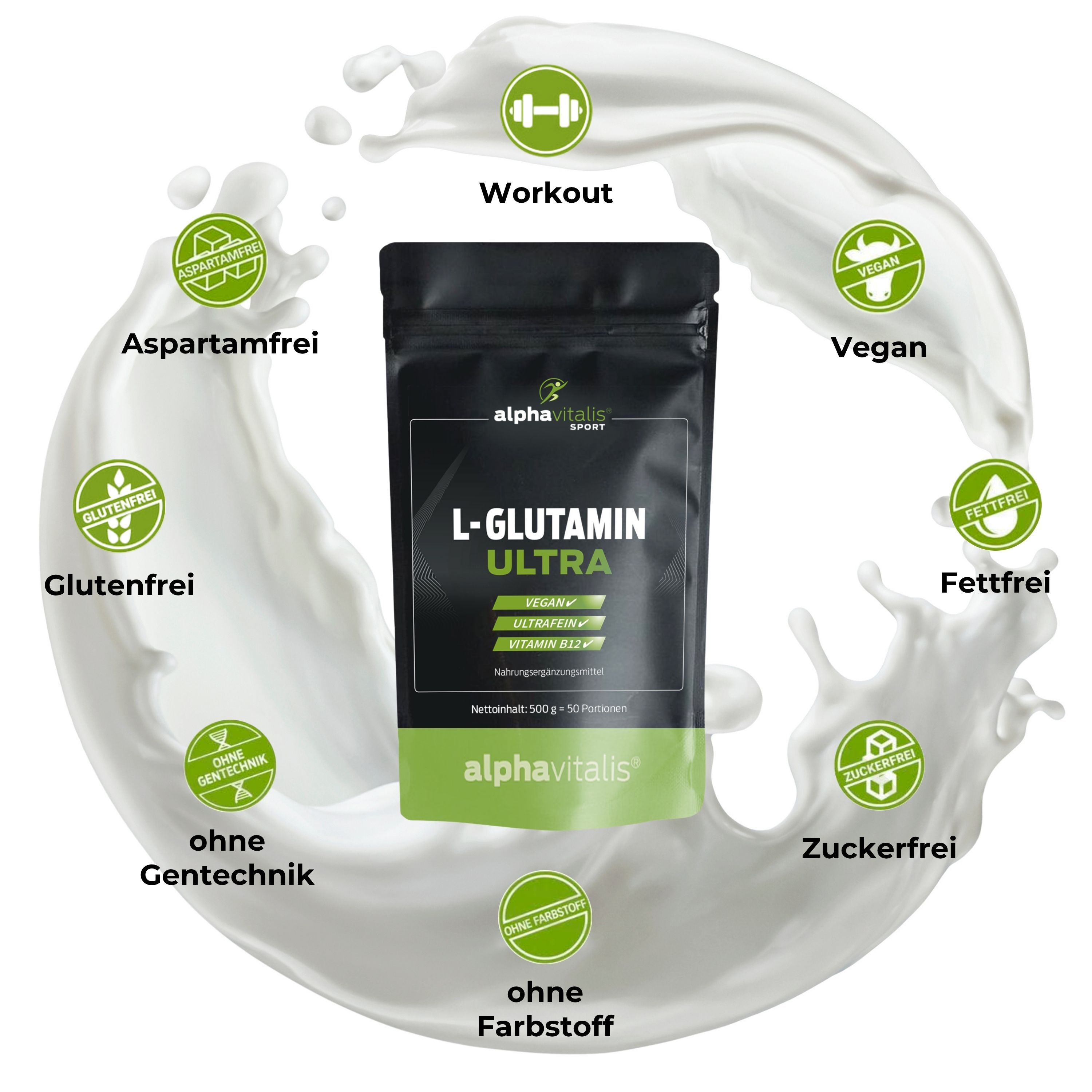 Produktabbildung mit L-Glutamin Ultra. Logos: Alphavitalis Sport. Text: Glutenfrei, Vegan, Ohne Gentechnik, Ohne Farbstoff, Zuckerfrei, Fettfrei.
