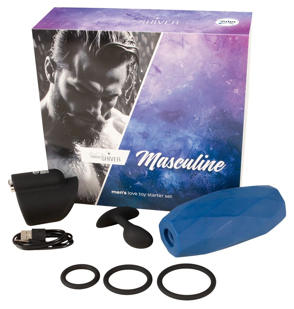 Magic Shiver Starter Set: Blaue Hülse, schwarzer Plug, Ringe, Ladeeinheit und USB-Kabel.