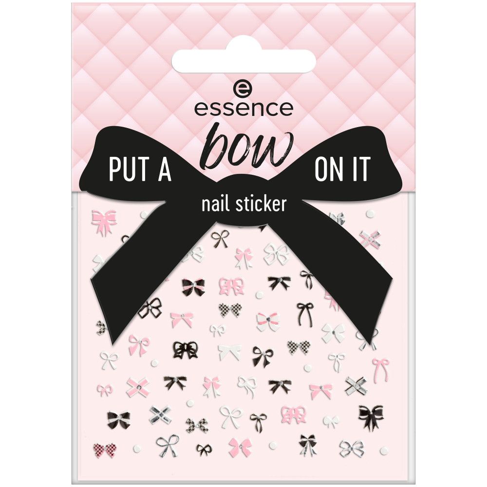 Nagelsticker mit Schleifen-Motiven. Verpackung mit Produktnamen und Markenlogo. Rosa Hintergrund.