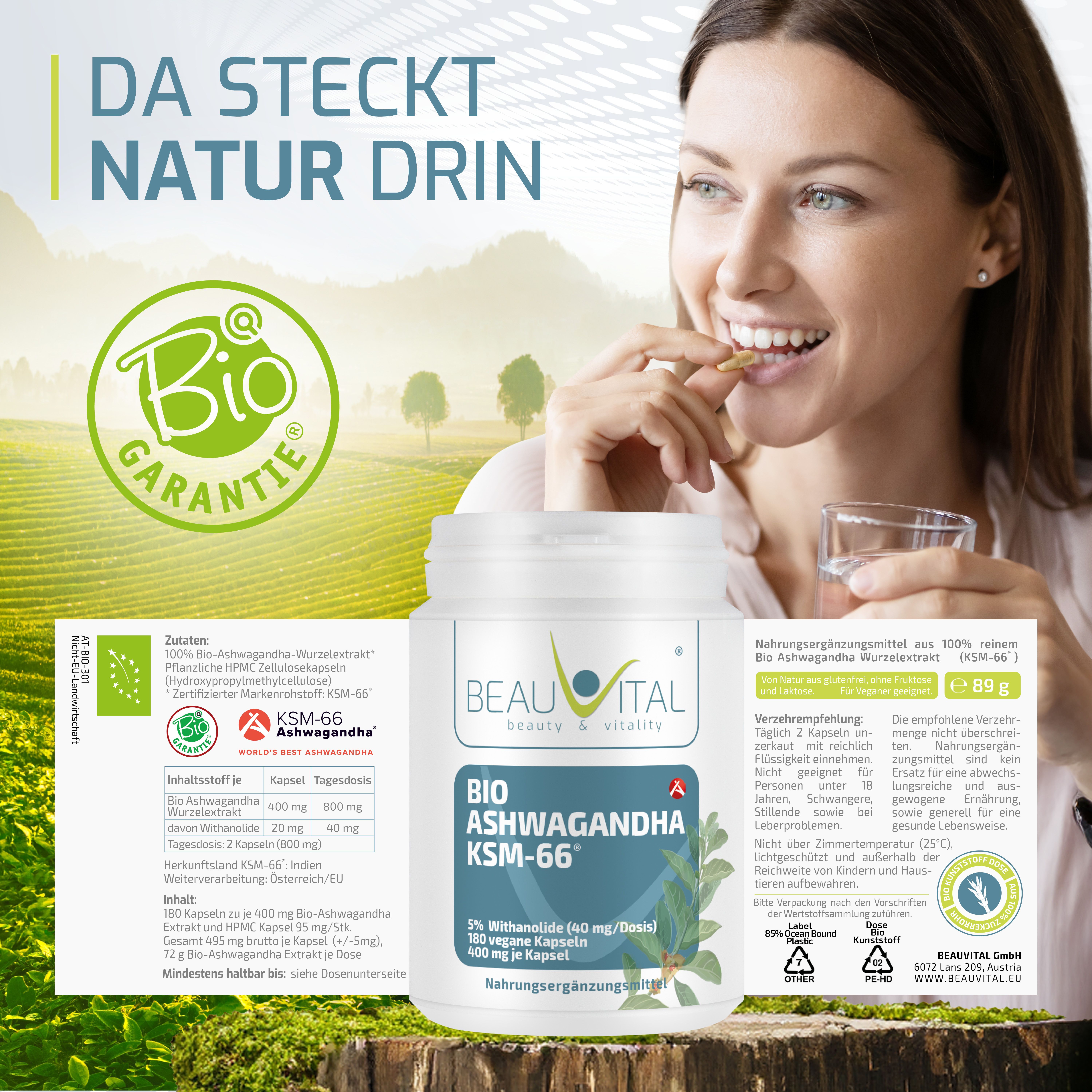 BEAUVITAL® Bio-Ashwagandha KSM-66® hochdosiert 12:1 Premiumextrakt 5% Withanolide