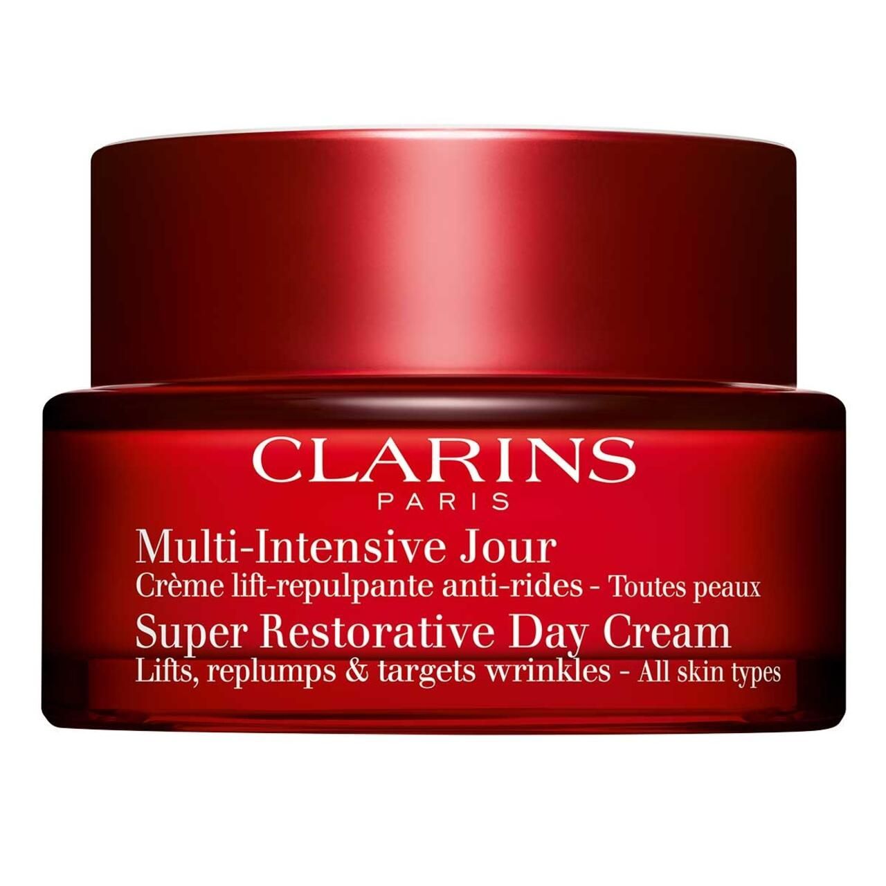Roter Tiegel mit Creme. Text: Clarins, Multi-Intensive Jour, Super Restorative Day Cream.
