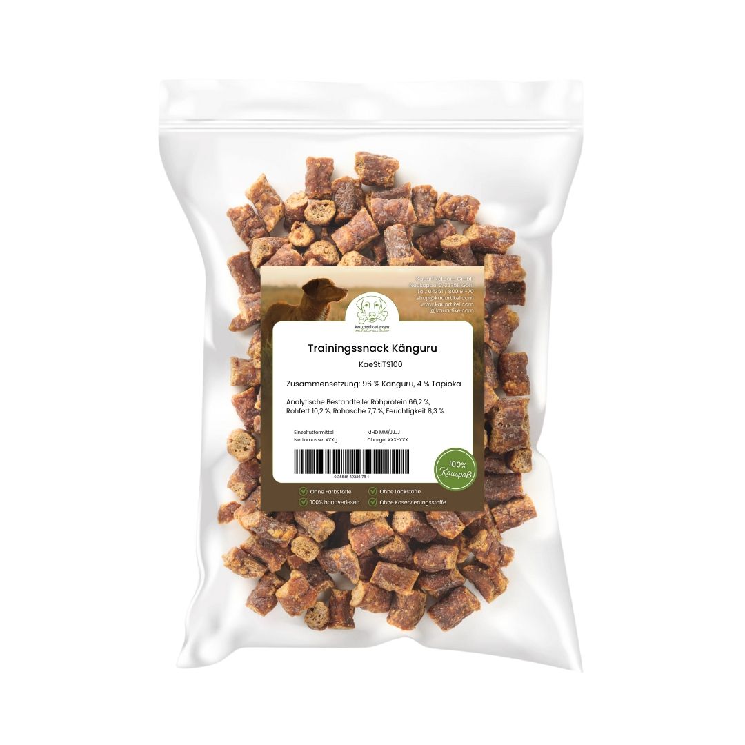 Verpackung mit Hundeleckerlis aus Känguru.