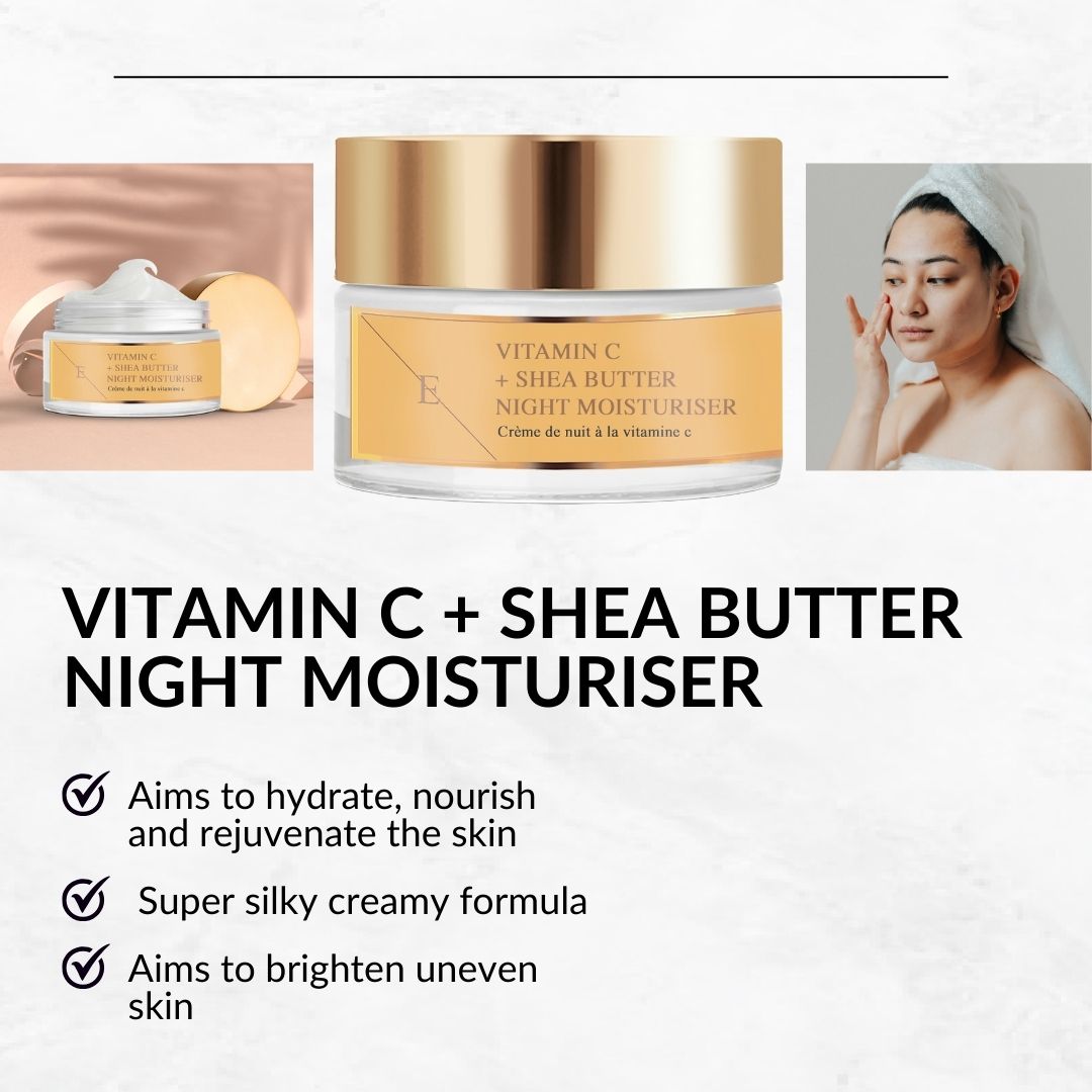Creme-Tiegel. Goldfarbener Deckel, weißes Etikett mit Text. Aufschrift: Vitamin C + Sheabutter Night Moisturiser. Zusätzliche Bilder und Text.