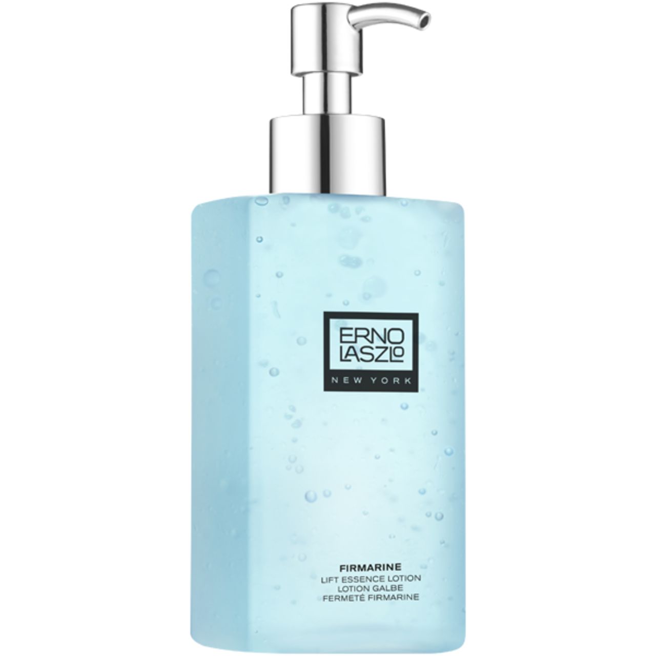 Erno Laszlo Lift Essence Lotion. Rechteckige Flasche mit blauem Inhalt und silberner Pumpe. Schwarzes Etikett.